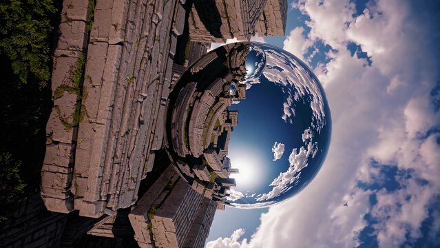 Polished chrome sphere reflecting weathered ancient ruins and cloudy sky, generating dreamlike visual imagery with distorted architectural perspective and surreal geometric form