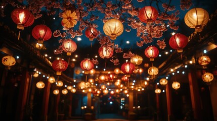 Charming Asian alleyway illuminated by numerous paper lanterns hanging from cherry blossoms at night.