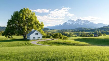 Obraz premium White house, mountain view, idyllic landscape, spring