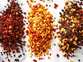 Assorted Crushed Red Pepper Flakes: Culinary Spice on Marble Background