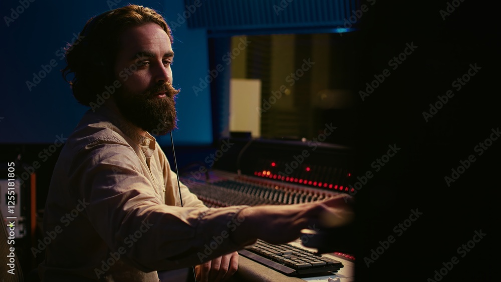 Poster Audio expert operating motorized faders and mixing console in control room, using sliders and switchers buttons to edit and process sounds. Music designer and producer recording tracks. Camera B.