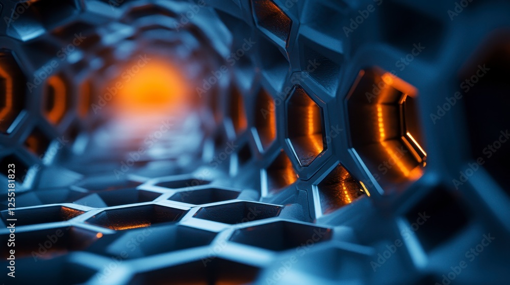 Poster abstract hexagonal tunnel with orange glow and