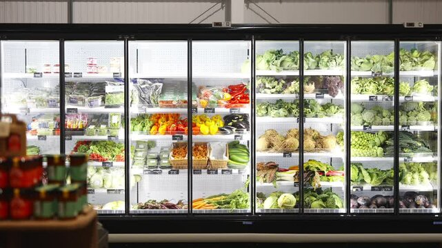 A grocery store with a large selection of fresh produce. The produce is displayed in a refrigerated case, with a variety of vegetables and fruits available. The store is well-lit, creating a bright