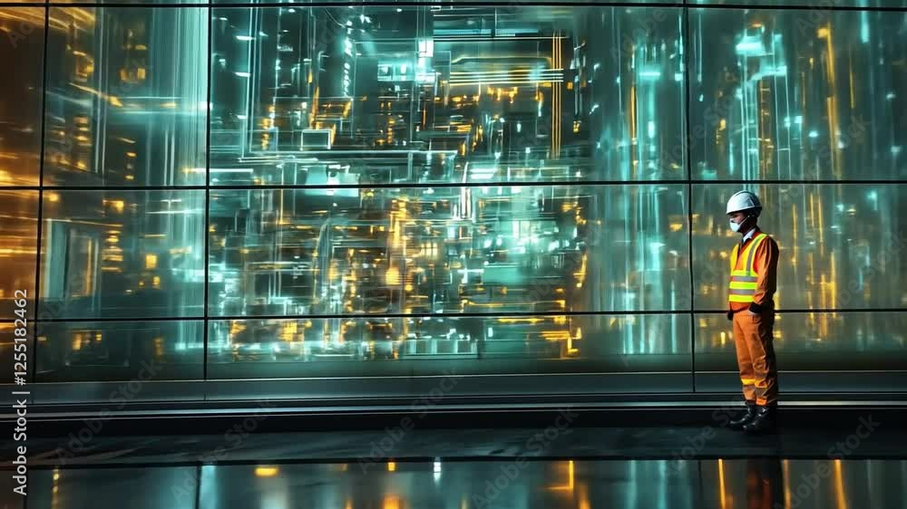Poster technological marvel: a worker stands in awe before a giant screen displaying intricate data visuali