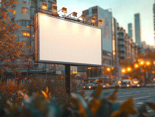 Blank billboard mockup in a vibrant urban setting during golden hour. AI Generated Images