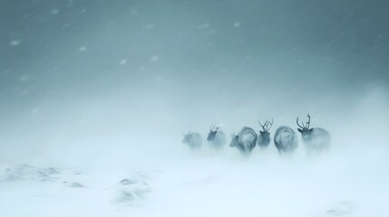 Naklejka premium A group of reindeer trudging through a whiteout blizzard, nearly disappearing in the snow.