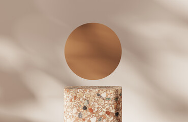 3D podium display, pastel brown background. Art deco step and round frame. Nature palm shadow, minimal, beauty product presentation. Terrazzo pedestal advertisement. Studio, abstract 3D render