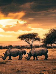 Fototapeta premium A group of rhinos grazing near acacia trees, the golden light of dawn washing over them.