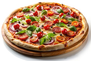 High-resolution pizza image, perfect for menus and restaurant advertising.  Isolated on white.