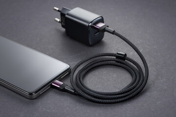 AC charger adapter and smartphone on a gray background