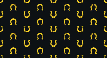 Seamless horizontal pattern with golden horseshoe,. Vector St. Patrick's Day luck symbol repeat pattern for decoration and print. Holiday repetition pattern