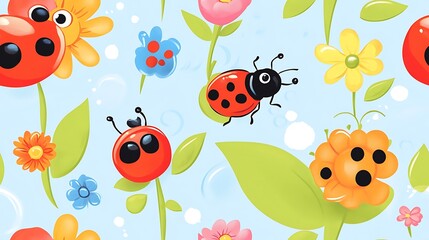 Cartoon ladybugs flowers seamless pattern background
