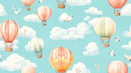 Wanddecoratie Luchtballon Children's hot air balloons in a sky filled with birds and clouds. Seamless pattern. Use for wallpaper, fabric, children's book illustration  © Raffaza