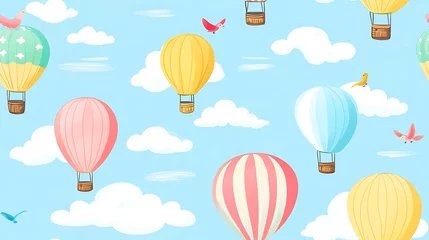 Colorful hot air balloons in a light blue sky with clouds. Children's illustration. Possible use for children's book illustrations or wallpaper