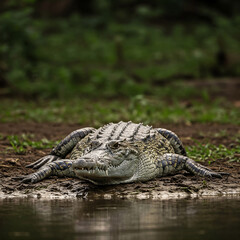 american alligator in the everglades open mouth in the ground
