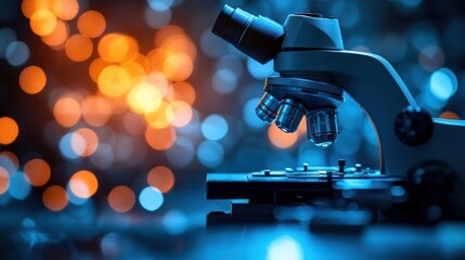 Close-up of a modern microscope with a blurred background of colorful bokeh lights.
