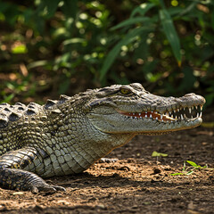 american alligator in the everglades open mouth in the ground