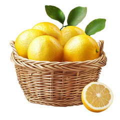 Fresh, juicy lemons and limes, ripe with vitamin C, fill a basket on a Transparent Background