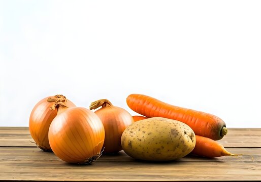 Fresh vegetables on a wooden table isolated on the white background. Carrot, onion, and potato.