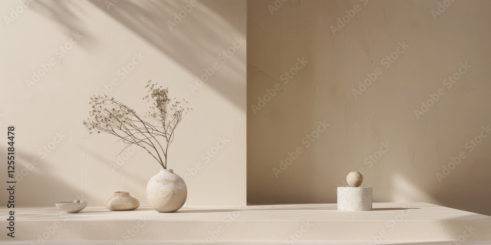 Poster a minimalist aesthetic featuring a light taupe backdrop, minimalist design elements arranged symmetr