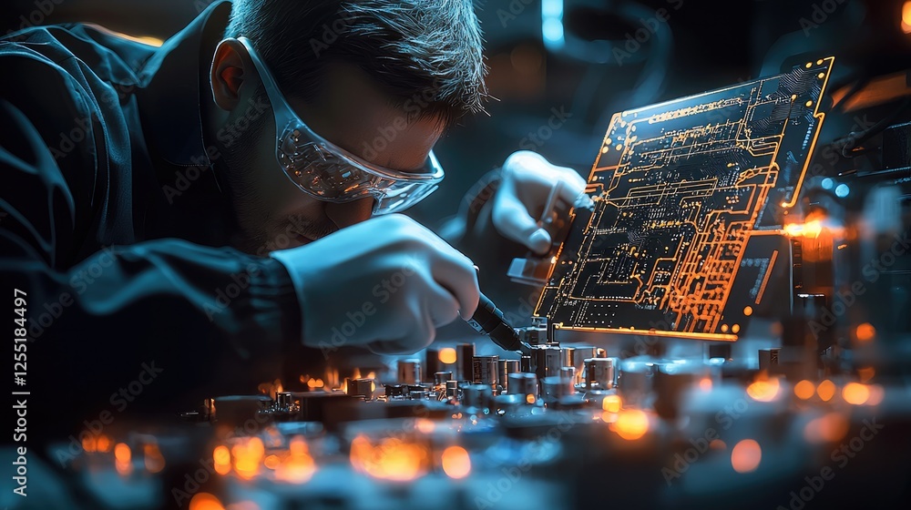 Leinwandbilder A professional multimeter and precision tools are used by a circuit board technician to measure electrical current on a complex microchip in a futuristic electronics lab.