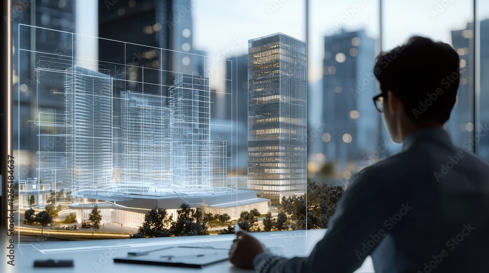 Poster an engineer in casual attire adjusts design parameters on a complex digital model of a high-rise bui