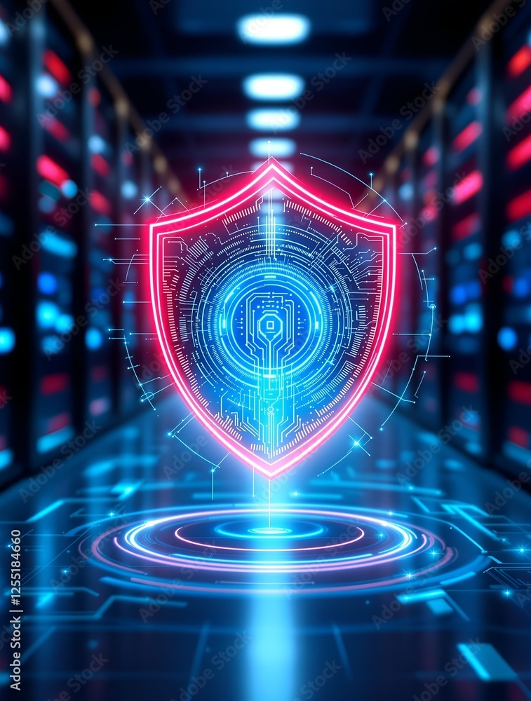 Poster tech-enabled banking: holographic icon in retail environment representing efficient financial integr