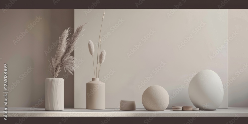 Poster a minimalist aesthetic featuring a light taupe grey backdrop, minimalist design elements arranged sy