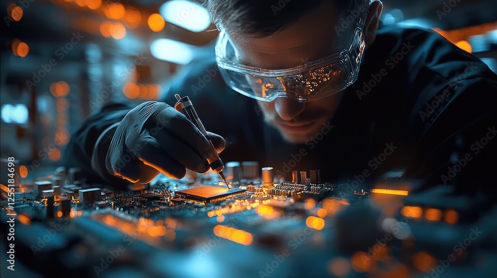 Aufkleber A professional multimeter and precision tools are used by a circuit board technician to measure electrical current on a complex microchip in a futuristic electronics lab.
