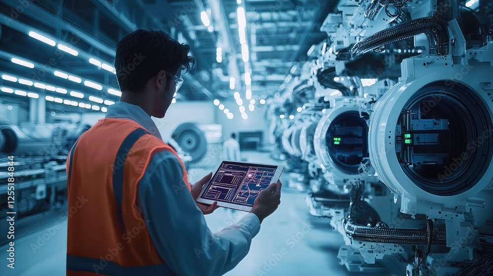 Poster an engineer in a neon safety vest scrolls through performance data on a tablet, surrounded by massiv
