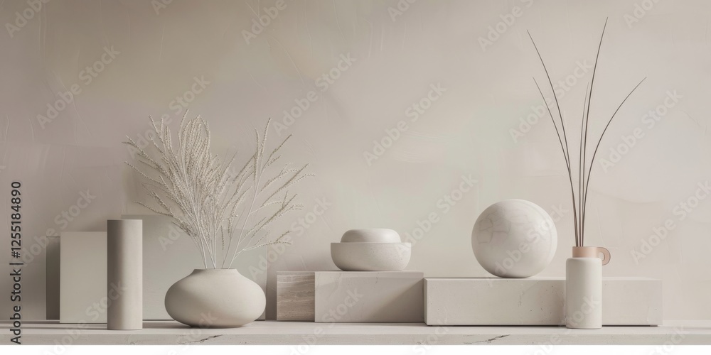 Poster a minimalist aesthetic featuring a light taupe grey backdrop, minimalist design elements arranged sy