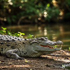 Obraz premium american alligator in the everglades open mouth in the ground