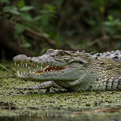 Obraz premium american alligator in the everglades open mouth in the ground