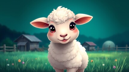 Adorable Cartoon Sheep in a Pastoral Landscape