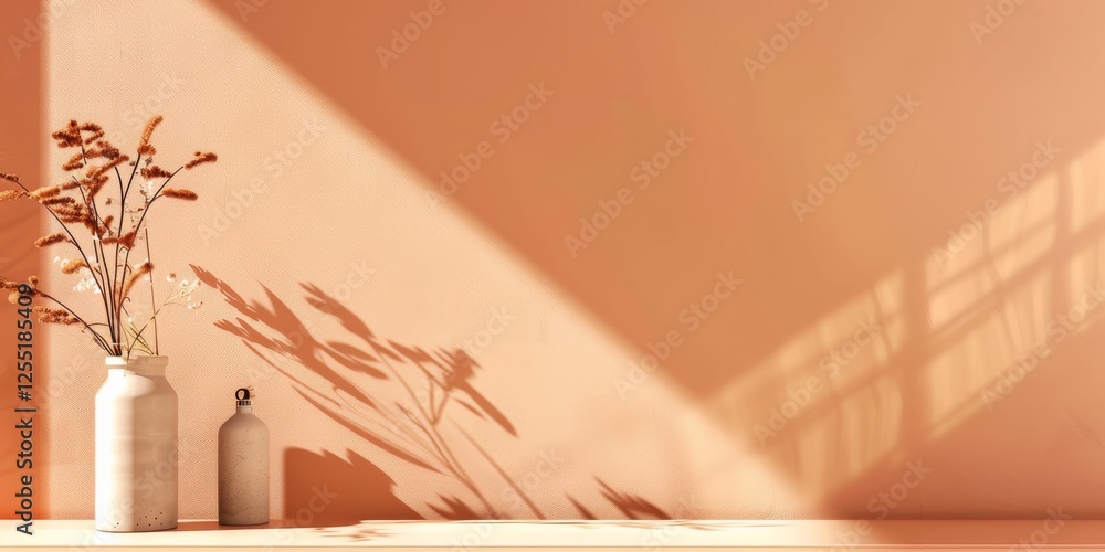 Poster a minimalist aesthetic featuring a light terracotta backdrop, minimalist design elements arranged sy