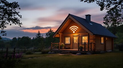 Serene Rural Retreat: Cozy Cottage with Wi-Fi Icon Highlighting Modern Connectivity at Sunset