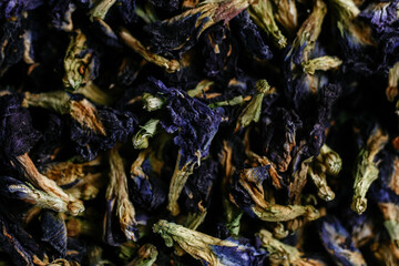 Fototapeta premium Tibetan Anchan tea on a dark background close-up. Blue tea