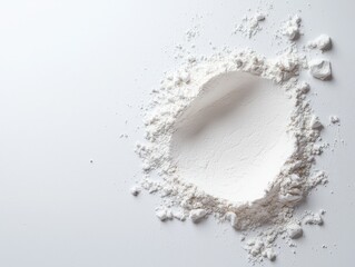White powder on a white surface with realistic flour texture and ample copy space for design purposes