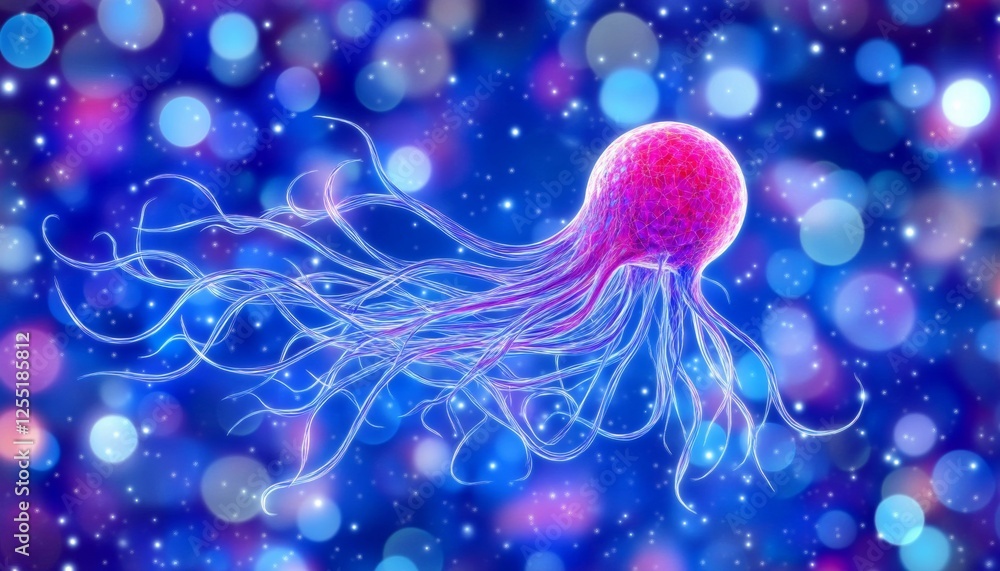 Poster microscopic abstract network with glowing blue lines and bokeh circles on vibrant background