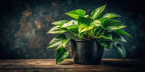 Lush green pothos, vintage vibes. Black pot, retro style.  Golden foliage shines.