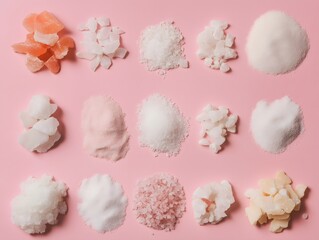 Assorted Salt Varieties: Himalayan, Flake, Kosher, Table Salts on Pink