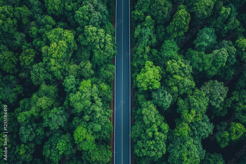 Poster road winding through a green forest with dense trees and clear skies during daytime. generative ai
