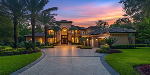 Luxurious villa at sunset surrounded by palm trees in a serene location. Generative AI