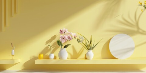 A minimalist aesthetic featuring a pale yellow backdrop, Minimalist design elements arranged symmetrically, Contemporary minimalist style