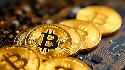 Golden coins with Bitcoin symbols are stacked in columns on a digital board, representing the cryptocurrency.