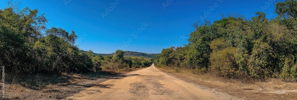 Poster Straight road leading into a dense forest under clear blue skies during daytime. Generative AI