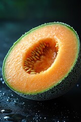 Freshly cut cantaloupe half with seeds on dark background
