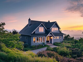 Obraz premium Beautiful modern house surrounded by lush greenery at sunset. Generative AI