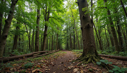 Fototapeta premium Forest path surrounded by tall trees in lush green scenery