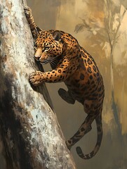 Obraz premium A jaguar climbing a tree, its sharp claws gripping the bark as it ascends.